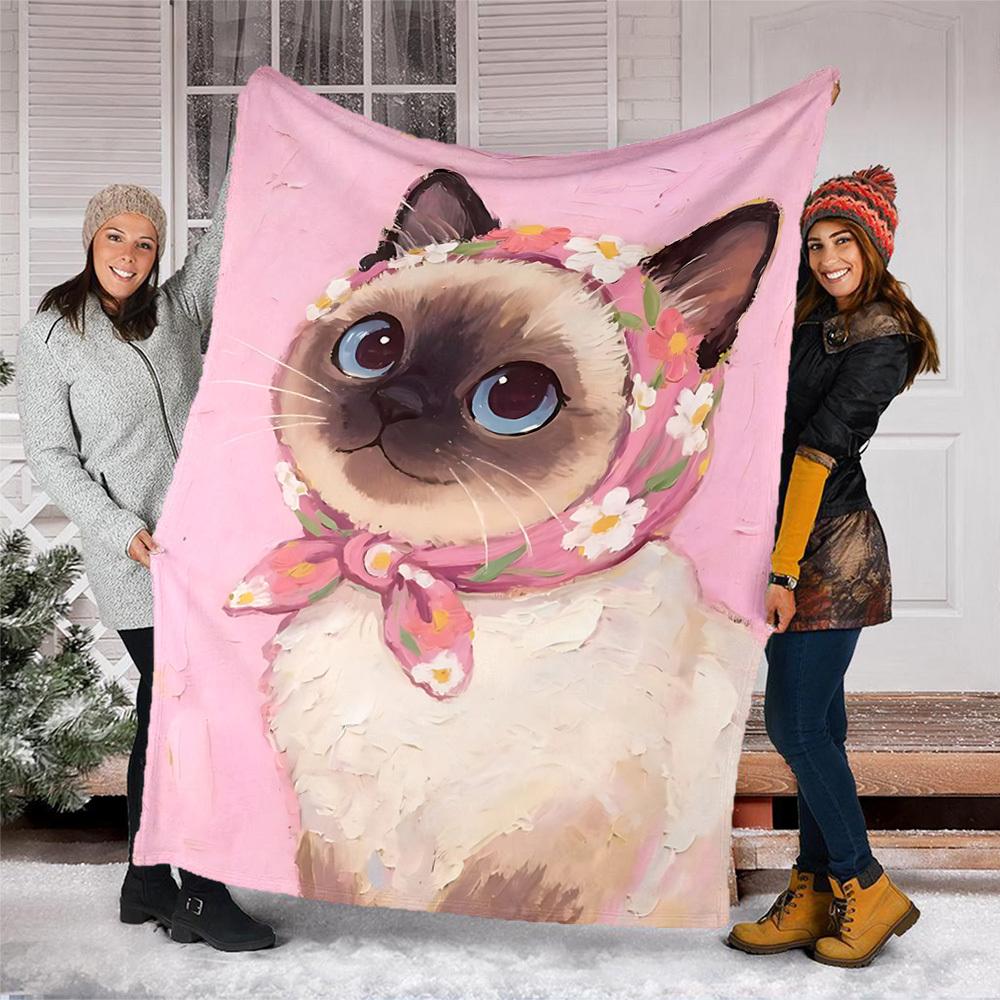 1pc Cat Floral Outdoor Blanket Soft Flannel Cozy for Travel & Camping All Season