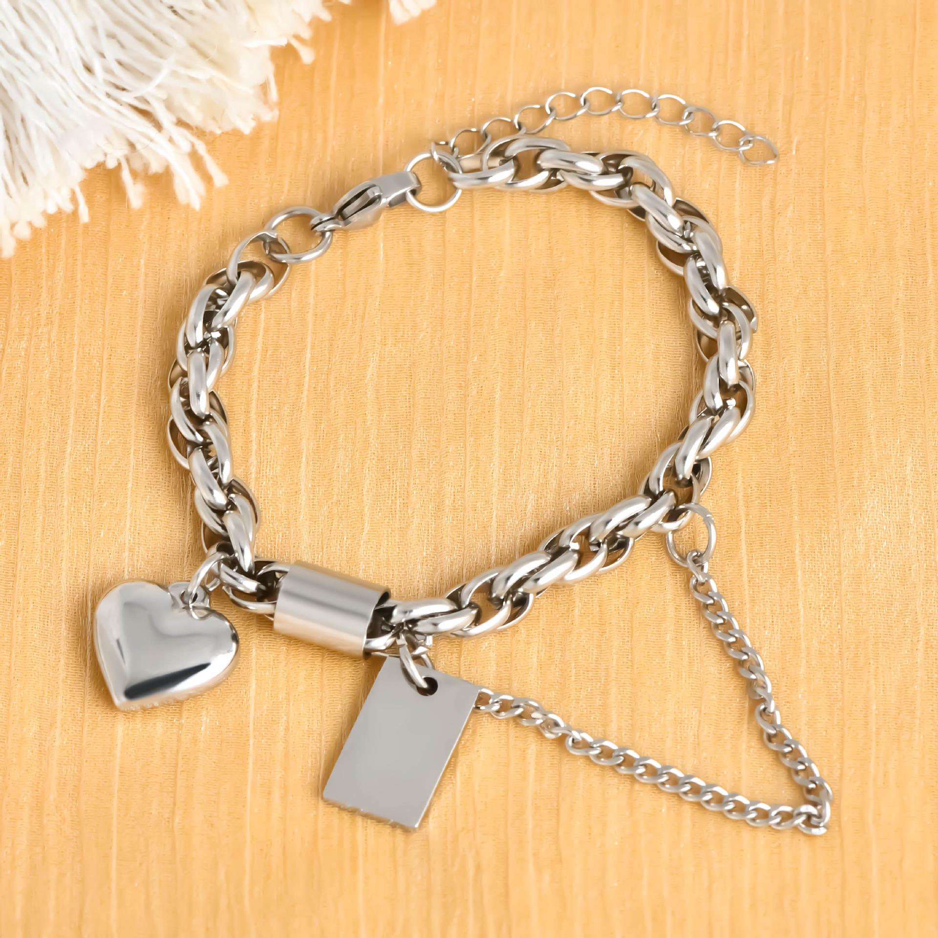 European & American Style Stainless Steel Cuban Link Heart Bracelet