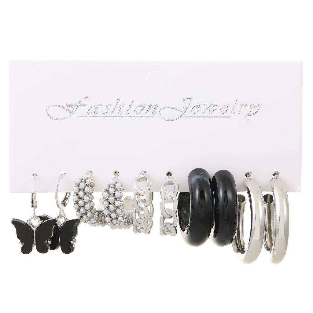 XP17 Women's Retro Geometric Butterfly Pearl Hoop Earrings Set