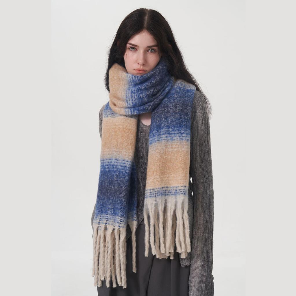 Imitation Cashmere Plaid Women's Winter Enlarged and Widened 50cm Color Matching Warm and Comfortable Striped Plaid Fringed Scarf Shawl