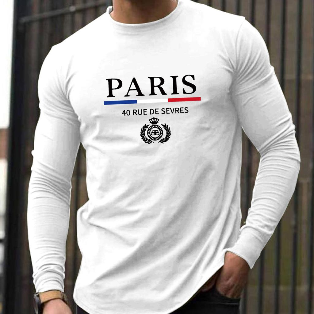 Men's Sports and Leisure Paris Pattern Printed Round Neck Long Sleeved T-shirt Top
