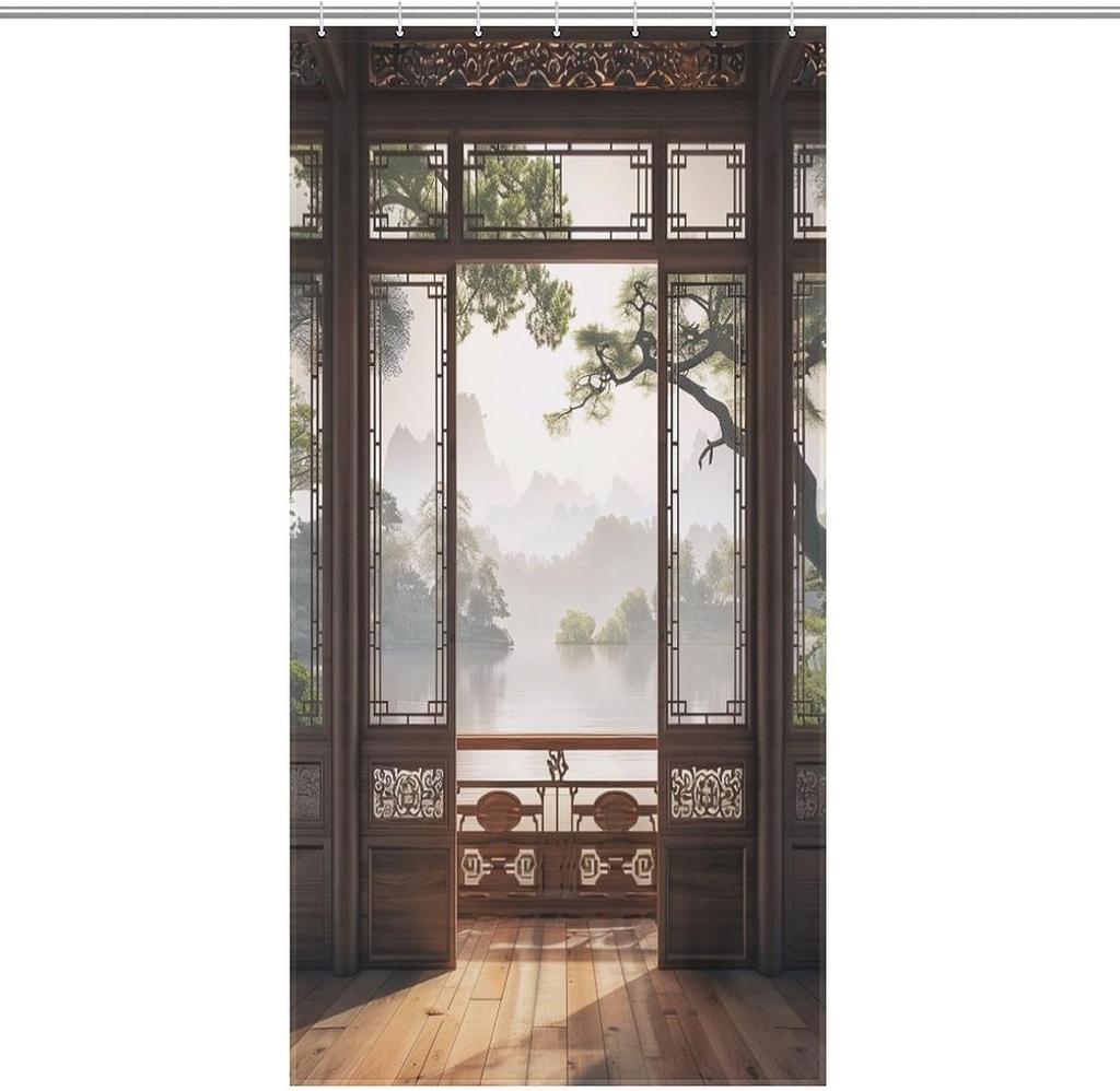 Chinese retro shower curtain, Japanese landscape shower curtain, waterproof polyester fiber shower curtain, customizable
