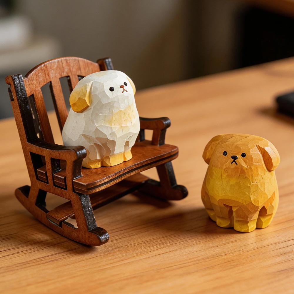 Hand Carved Wooden Golden Retriever Puppy Figurine Cute Dog Statue Ornament Home Desktop Wood Art Decor Gift for Dog Lovers