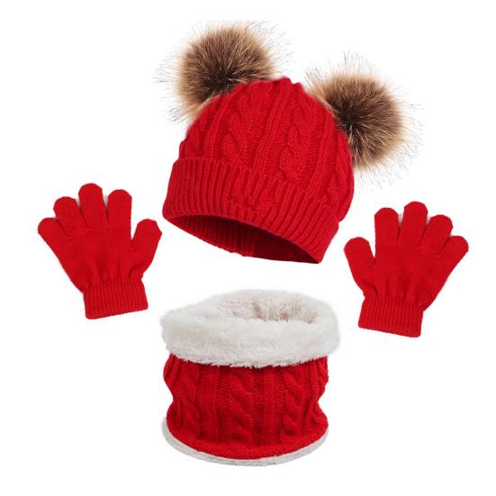 3Pcs/Set Children Hat Scarf Gloves Set Plush Ball Decor Twist Texture Solid Color Knitting Hat Long Scarf Gloves Set