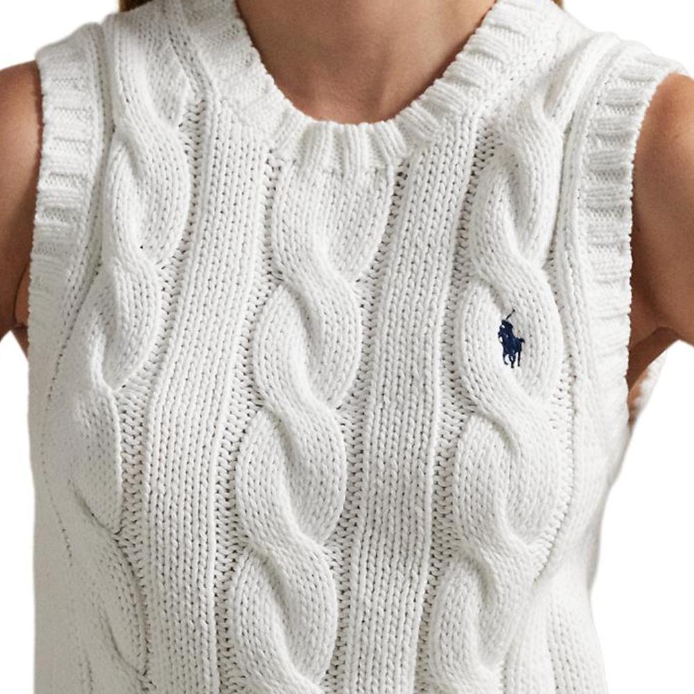 Polo Ralph Lauren Embroidered Pony Crew Neck Cable Knit Sleeveless Top Women Tops White WMPOSWENC021163-100
