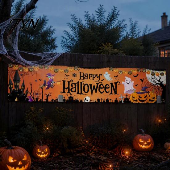 Indoor Outdoor Hanging Banner Large Happy Halloween for Outside, 70 x 15 Inch Yard Sign Front Porch Decor Flag, Spooky Welcome Garden Fence Home Party
