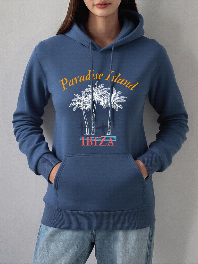 Paradiesinsel Ibiza Print Hoodie Damen Winter Fleece Warm Pullover Basics Tasche Sweatshirts Freizeit Locker Damenkleidung