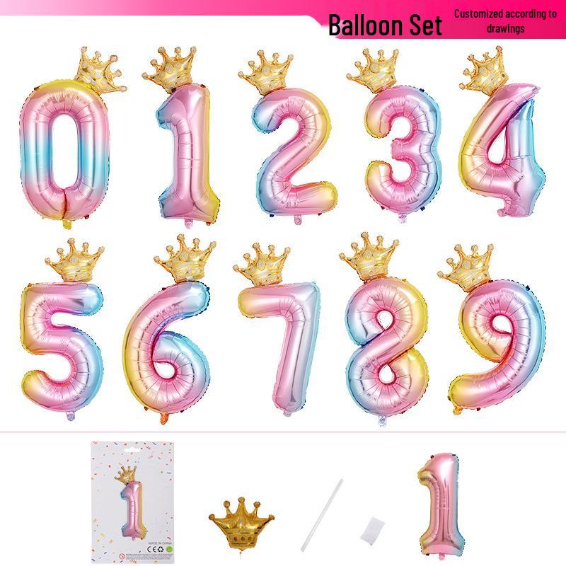 32-Inch Gradient Crown Number Foil Balloon for Children's Birthday Party Decorations