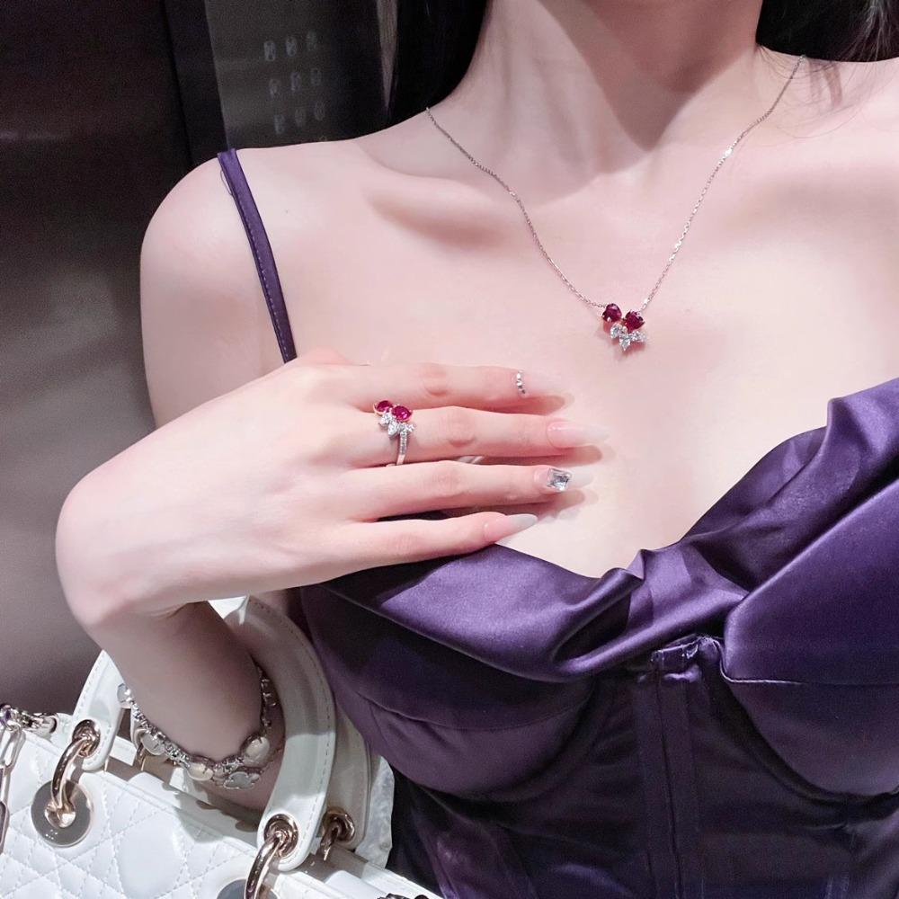 Women Jewelry Set Heart Shaped Ruby Diamond Earrings Red Corundum Ring Love Necklace Gift for Her