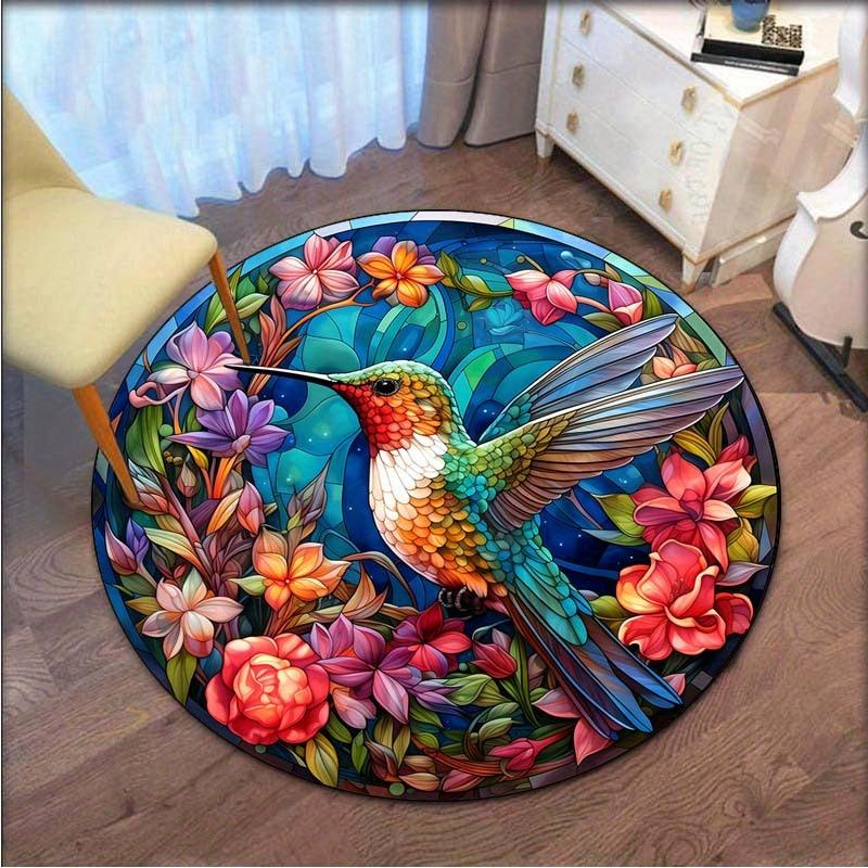 

Hummingbird Stained Glass Round Rug Colorful Bird Floral Art Nature Decor Living Room Anti Slip Floor Mat 60cm