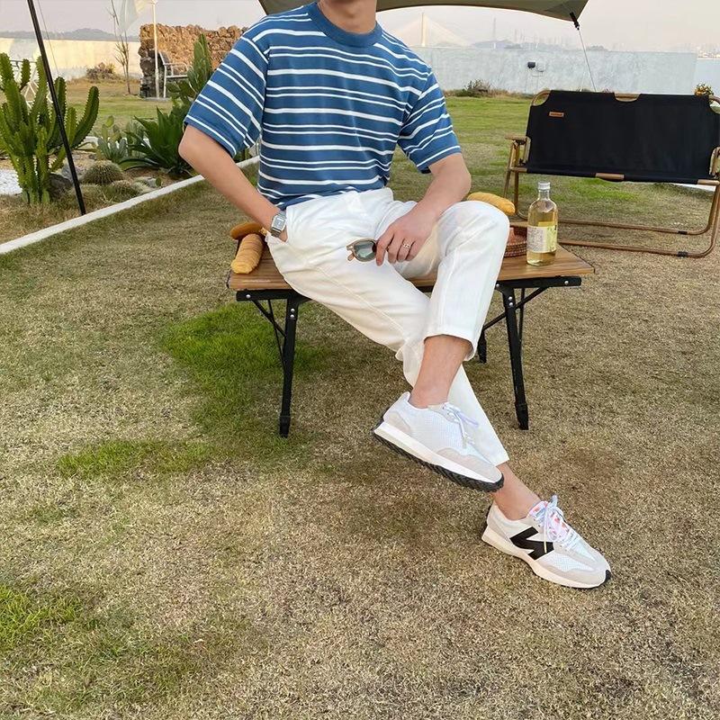 Летний свитер легкий зрелый стиль круглый вырез полосатый свитер мужской повседневный тонкий короткий рукав контрастный топ новый тренд M