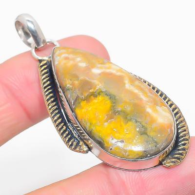 Natural Bumble Bee Jasper Stone Two Tone 925 Sterling Silver Pendant 2.36" Z0R40