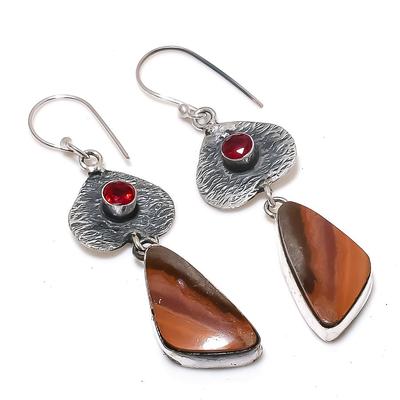 Natural Mookaite, Garnet Gemstone 925 Sterling Silver Earring 2.56" L4A28