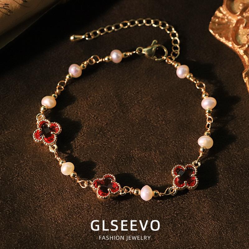 Natürliche Perle Vierblättriges Kleeblatt Wolframperlen Damen Leichter Luxus Elegant All-Match High-End Armband Schmuck