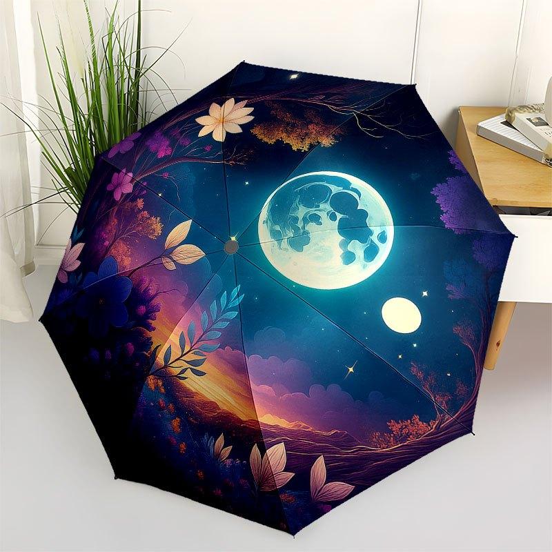 Enchanted Night Garden: Moonlit Floral FantasyUmbrella with Cute Design, Portable 3-Fold Compact Umbrella for Men & Women, Valentine s Day Mother s Da
