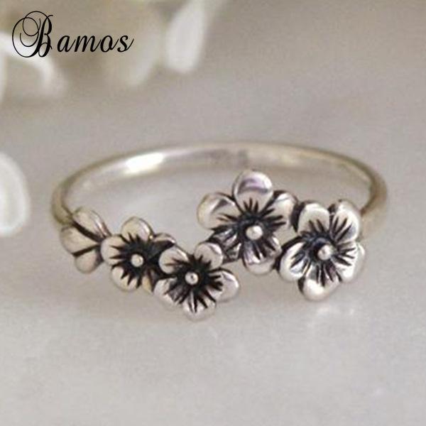 Vintage Silver Rings Five Petal Flower Temperament Simple Retro Party Girlfriend Gift Christmas Gifts
