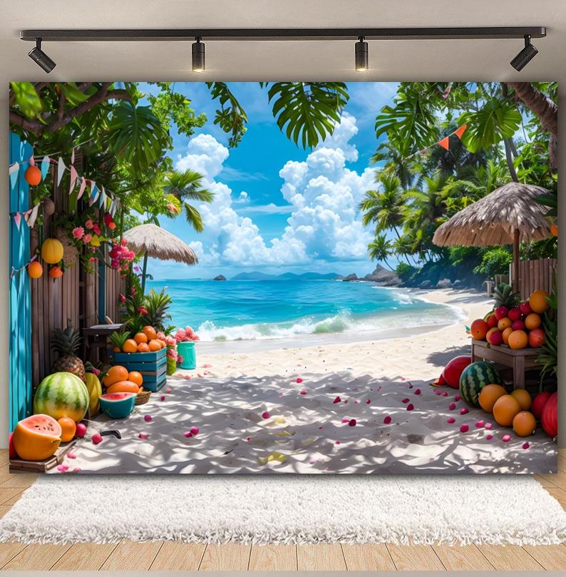Summer Seaside Fruit Beach Palm Tree Theme Banner Background, Holiday Camping Party Decoration Photography Studio Backdrop Cloth