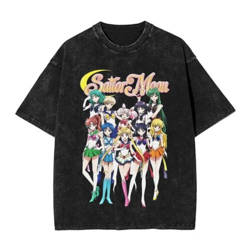 Sailors Moons Vintage Washed T Shirt  Women 100% Cotton Casual T-Shirt O Neck Anime Tees Short Sleeve Clothes Plus Size