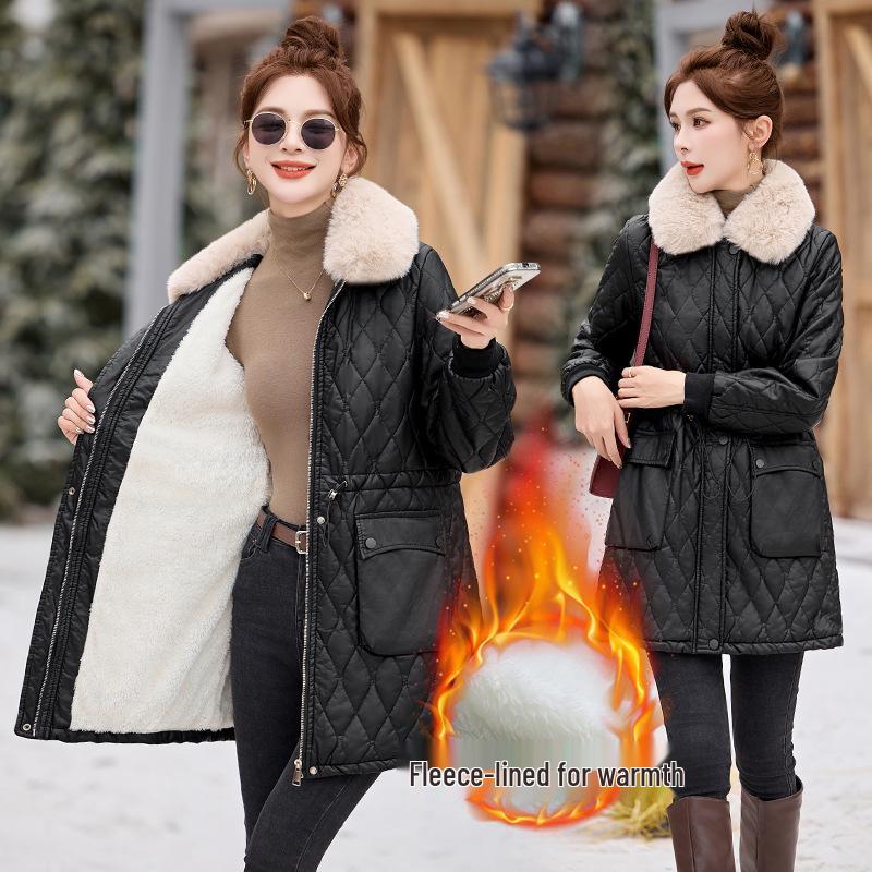 

Женское зимнее корейское пальто из ПУ кожи на флисовой подкладке с меховым воротником XXL (Weight 130-140 lbs)