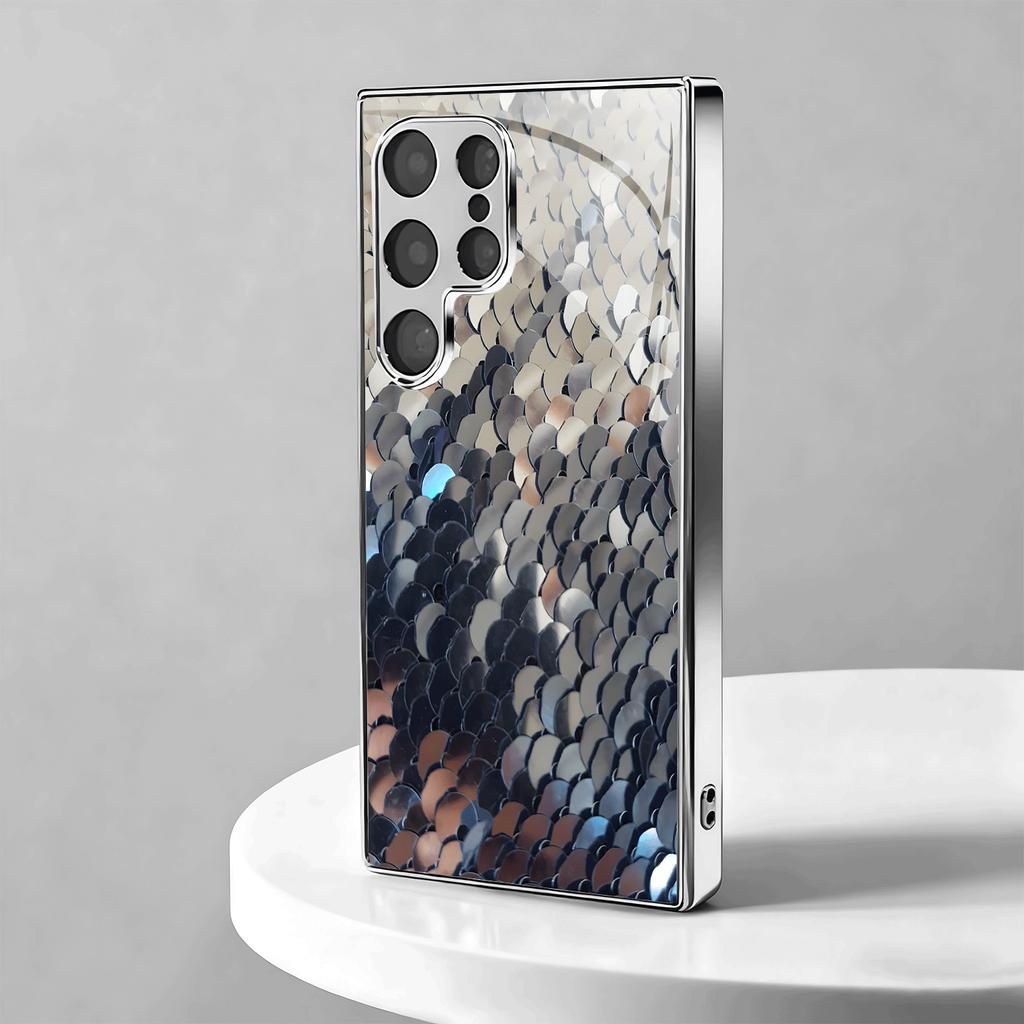 Gold-plated tempered glass phone case compatible Galaxy S26 S25 S24 S23 S22 Ultra Plus. Features a shimmering snake scale design