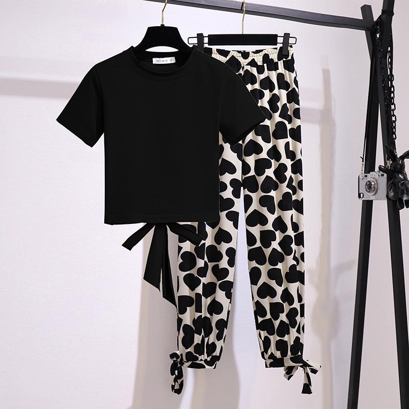 Set de vară cu model inimă, subțire, din două piese, pentru studenți: Stil Stradal Casual cu Design Dulce sau Cool