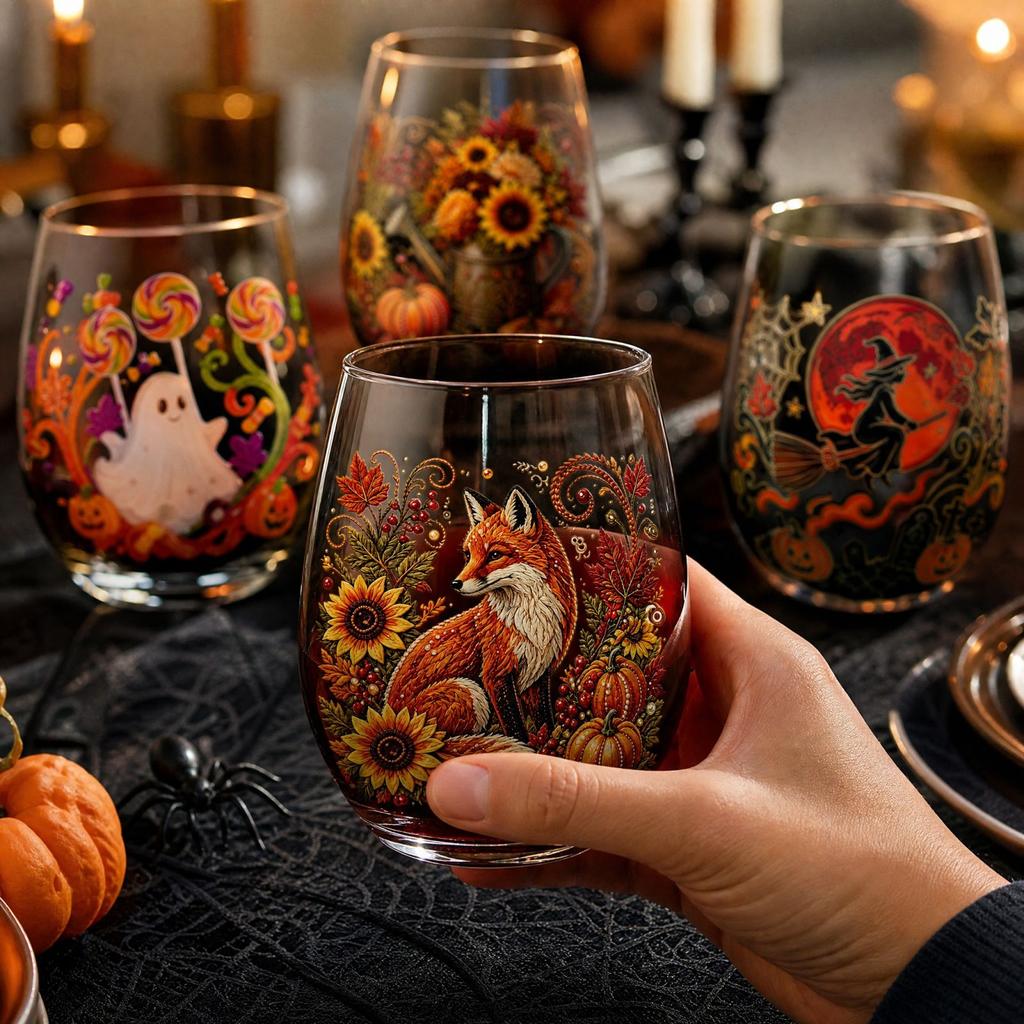 Bicchiere da vino senza stelo con stampa di zucche e caramelle di Halloween per feste festive e regali