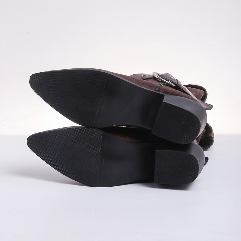 Fashion Metal Belt Buckle Decoration Riding Boots Women 2025 Autumn Sexy Point Toe Suede Western Boots Slip On Mid Calf Booties
