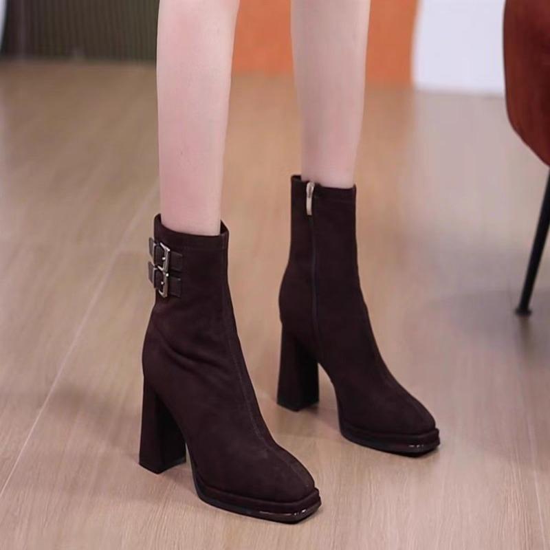 

French Vintage Booties Fashion Square Toe Side Zip Metal Buckle Suede Non-Slip Wear-Resistant Heels 39 коричневий