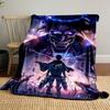 A glowing humanoid stands before a massive, glowing demon-like figure. for all seasons blanket lunch break throw gift