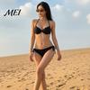 Sexy Bathing Suit Women Solid Color Bikini Set, Summer Two Piece Swimsuit, Halter Tie Underwire Top Slimming Beachwear & High Cut Bottom, for