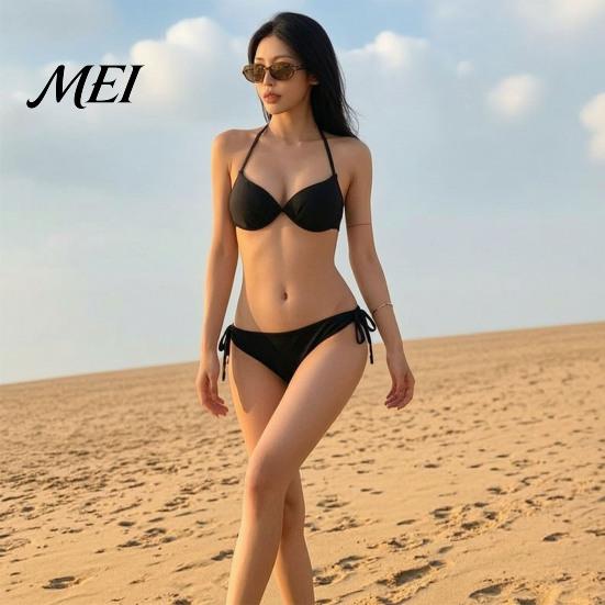 Sexy Bathing Suit Women Solid Color Bikini Set, Summer Two Piece Swimsuit, Halter Tie Underwire Top Slimming Beachwear & High Cut Bottom, for