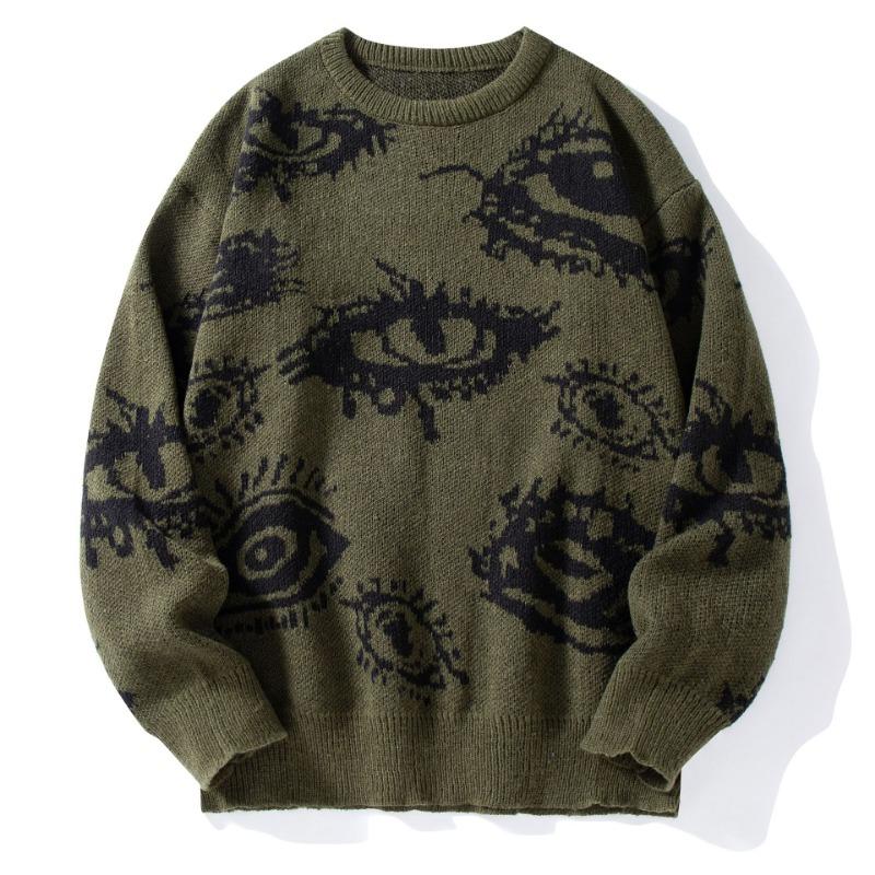 Mens Loose Crew Neck Long Sleeve Personalized Eye Pattern Warm Knit Sweater