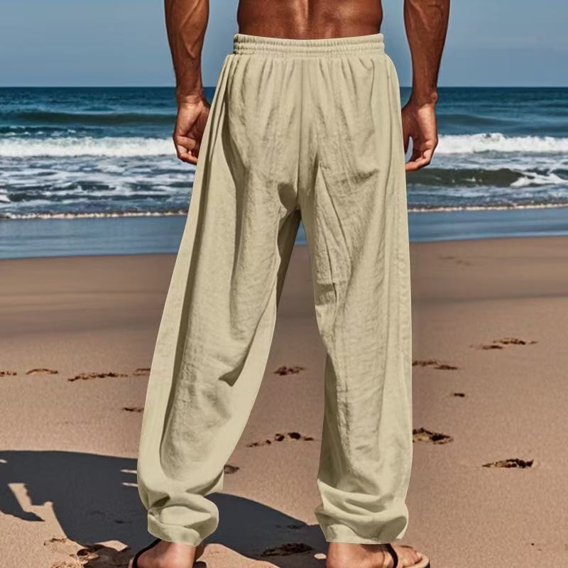 Spring Summer Men's Solid-color Cotton and Linen Casual Long Pants Hawaiian Beach Loose Sports and Breathable Street Pa