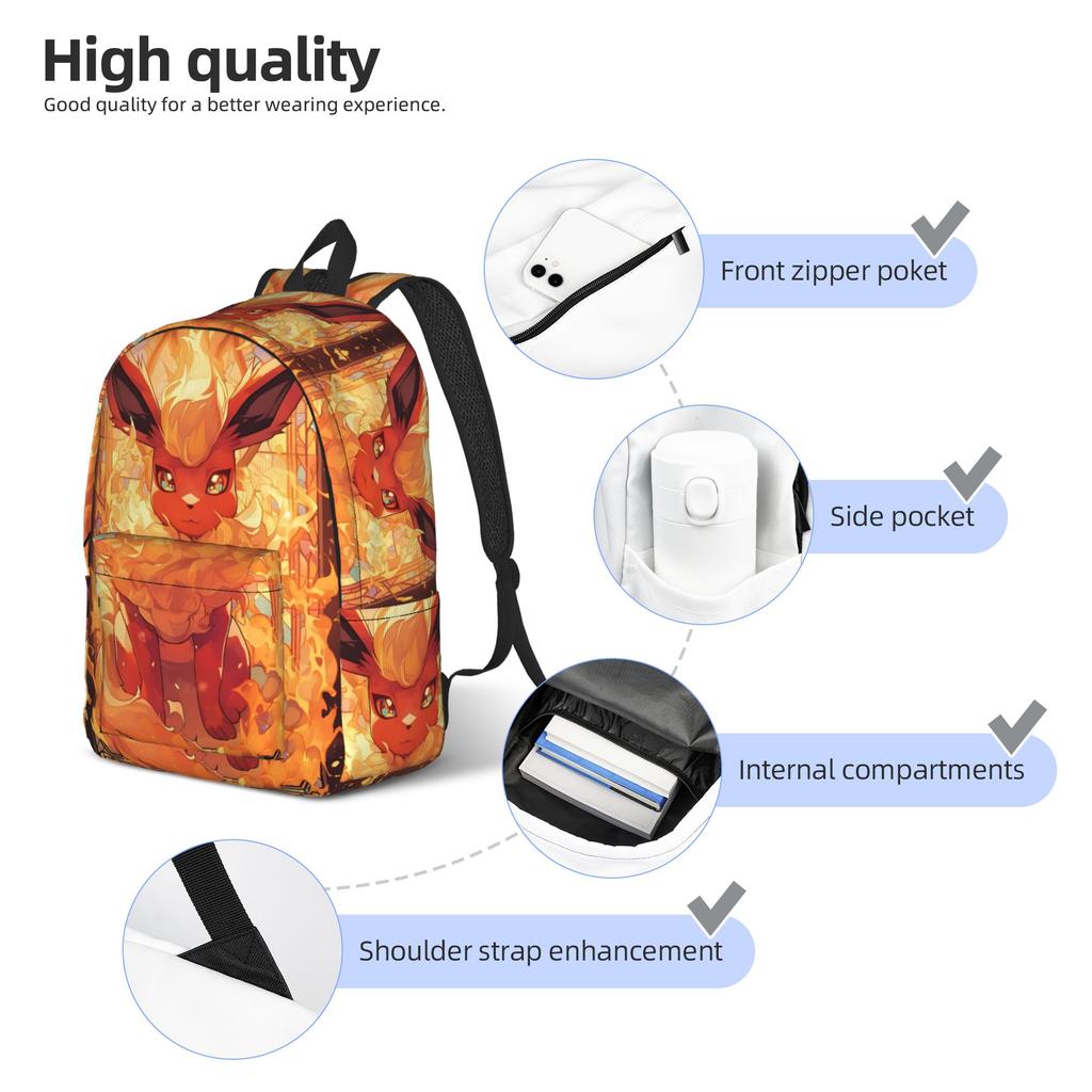 Fashion Pokemon Eevee Eeveelution Backpack Mochilas Adjustable Strap Journey Zipper Closure Rucksack