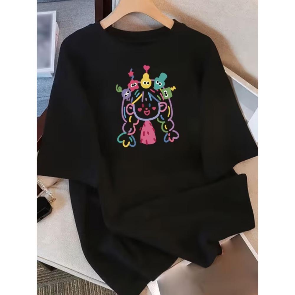 

Cute Doodle Style Colorful Curly Hair Girl Print Casual T-Shirt Cartoon Girl Tee Trendy Y2K Short Sleeve Top for Daily Wear M