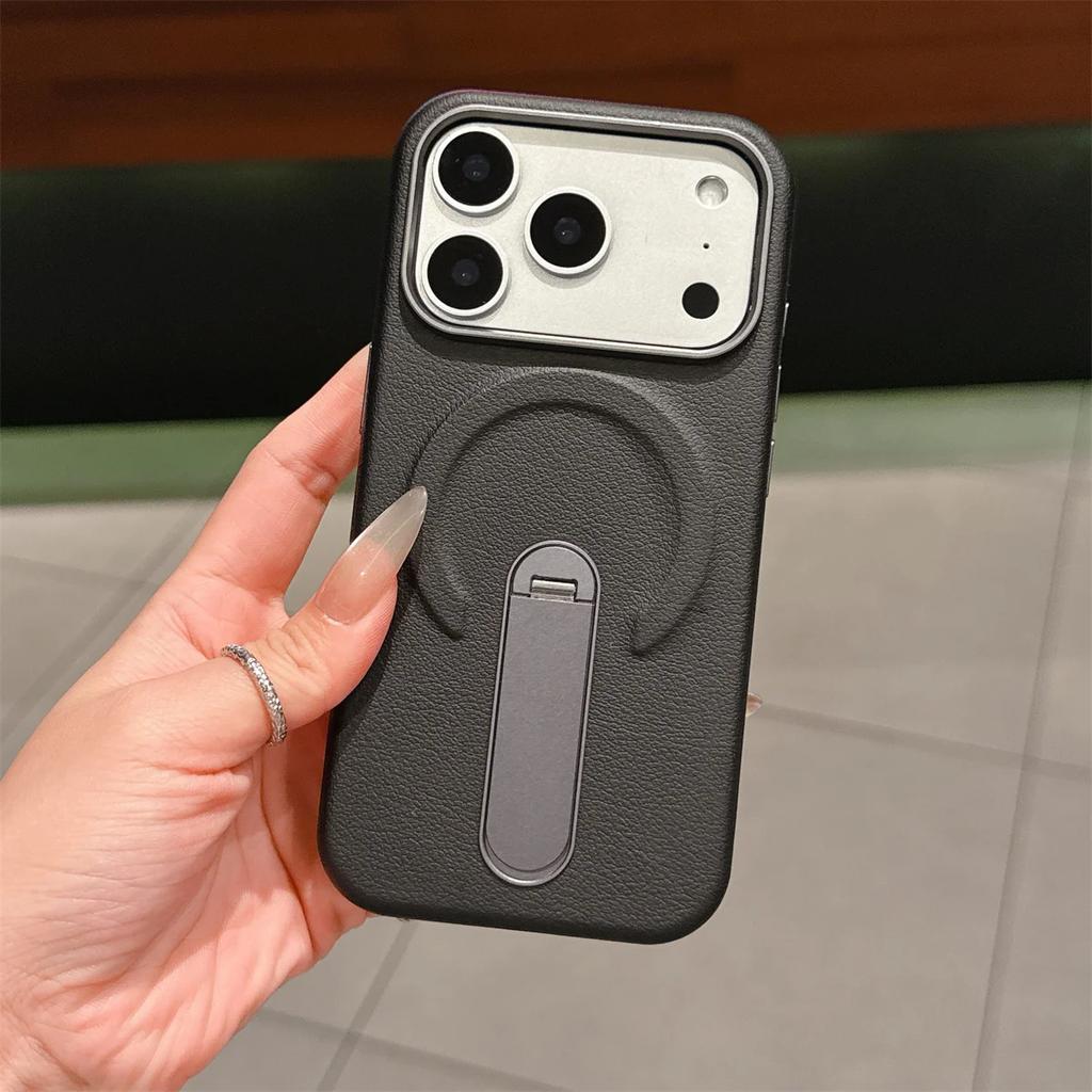 Stand Holder Magnetic Leather Phone Case for IPhone 17 16 15 14 13 17Pro Max for Magsafe Wireless Charge Shockproof Cover
