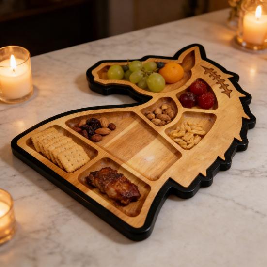 Wooden Horse Shaped Food Platter Rustic Horse Head Serving Tray Farmhouse Charcuterie Board with Multiple Compartments for Cheese Meats Fruits Nuts