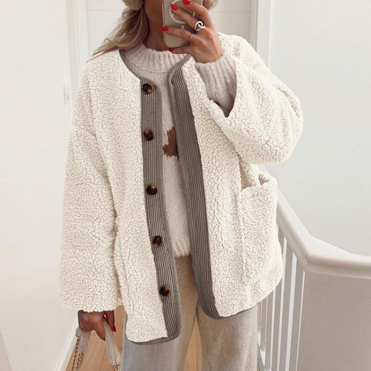 

Women s Fuzzy Fleece Winter Coat Warm Casual Long Sleeve Button Up Outerwear Jacket XXL бежевый