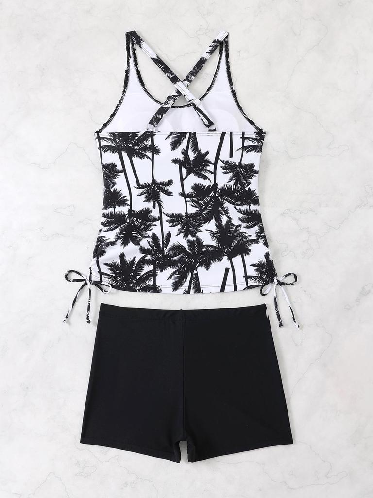2026 Women's Coconut Tree Print Tankini Set with High-Waisted Briefs
