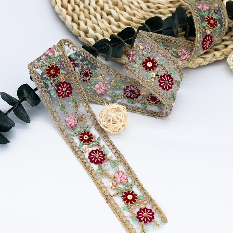 5yards 4cm Embroidered Flower Ribbon, Ethnic Lace Trimming for DIY Sewing Clothes, Bag Accessories Curtain/Tablecloth Decor