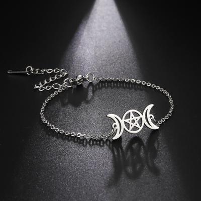 Triple Moon Goddess Bracelets for Men Women Stainless Steel Pentagram Wicca Charm Bracelets Magic Pentacle Witch Jewelry Gift