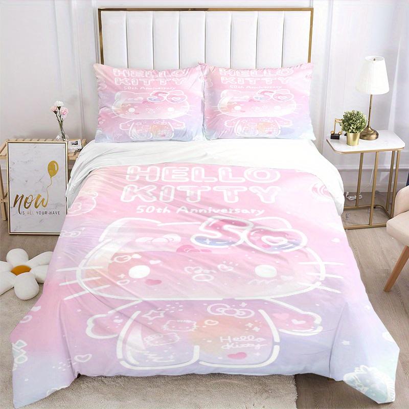 3pcs 50th Anniversary Hello Kitty Printed Quilt Set - Includes 1 Quilt Cover and 2 Pillowcases, Machine Washable - Suitable for All Seasons.W002