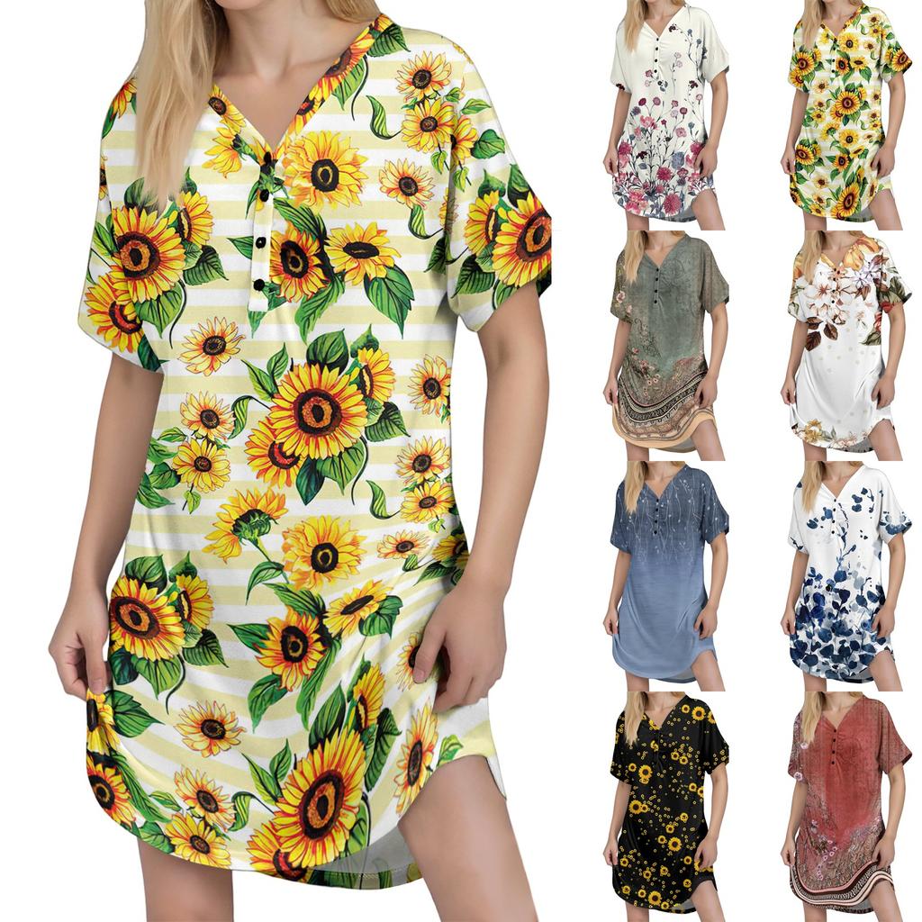 Women's Casual Print Button-Down Neck Short Raglan Sleeve Short Dress
