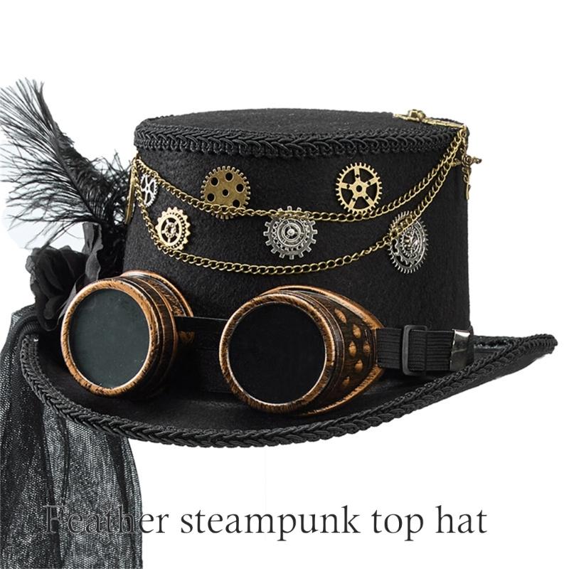 Victorian Theme Lace Veil Top Hat With Goggles Metal Gear Chain And Feather Veil Decors For Steampunk Cosplay Event