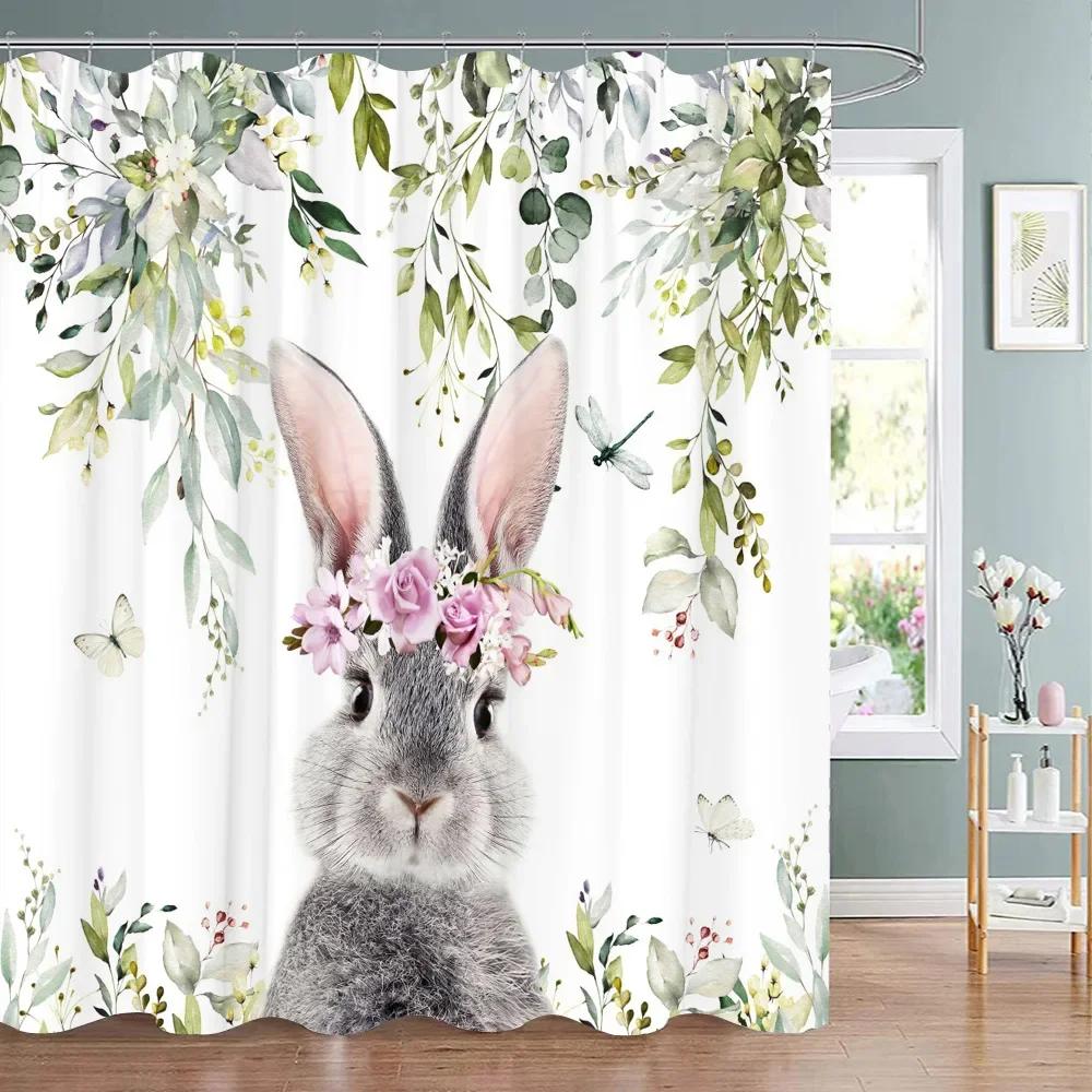 Happy Easter Bunny Shower Curtain Farm Truck Bunny Eggs Butterfly Elf Washable Polyester Fabric Hanging Curtains Bathroom Decor