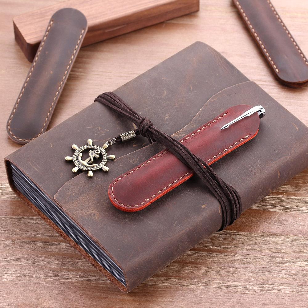 Retro Handmade Genuine Leather Pencil Bag Cowhide Metal Fountain Pen Holders Case Pouch Business Office Gifts School Stationery