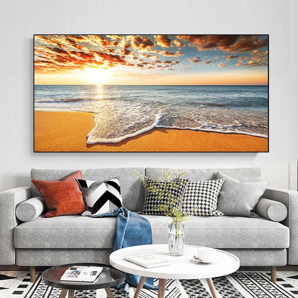 Modern Sea Wave Beach Sunset Landscape Canvas Painting Nature Seascape Posters and Prints Wall Art Pictures Home Decor