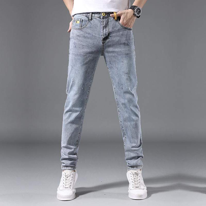 Summer men's jeans slim fit elastic pants for men Korean style trendy youth light-colored trousers