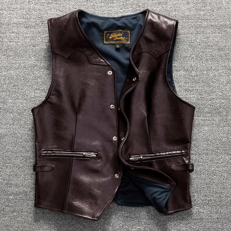 Retro Top Layer Sheepskin Ready-to-wear Heavy-wash Genuine Leather Jacket for Men's Casual Slim Vest Shoulders
