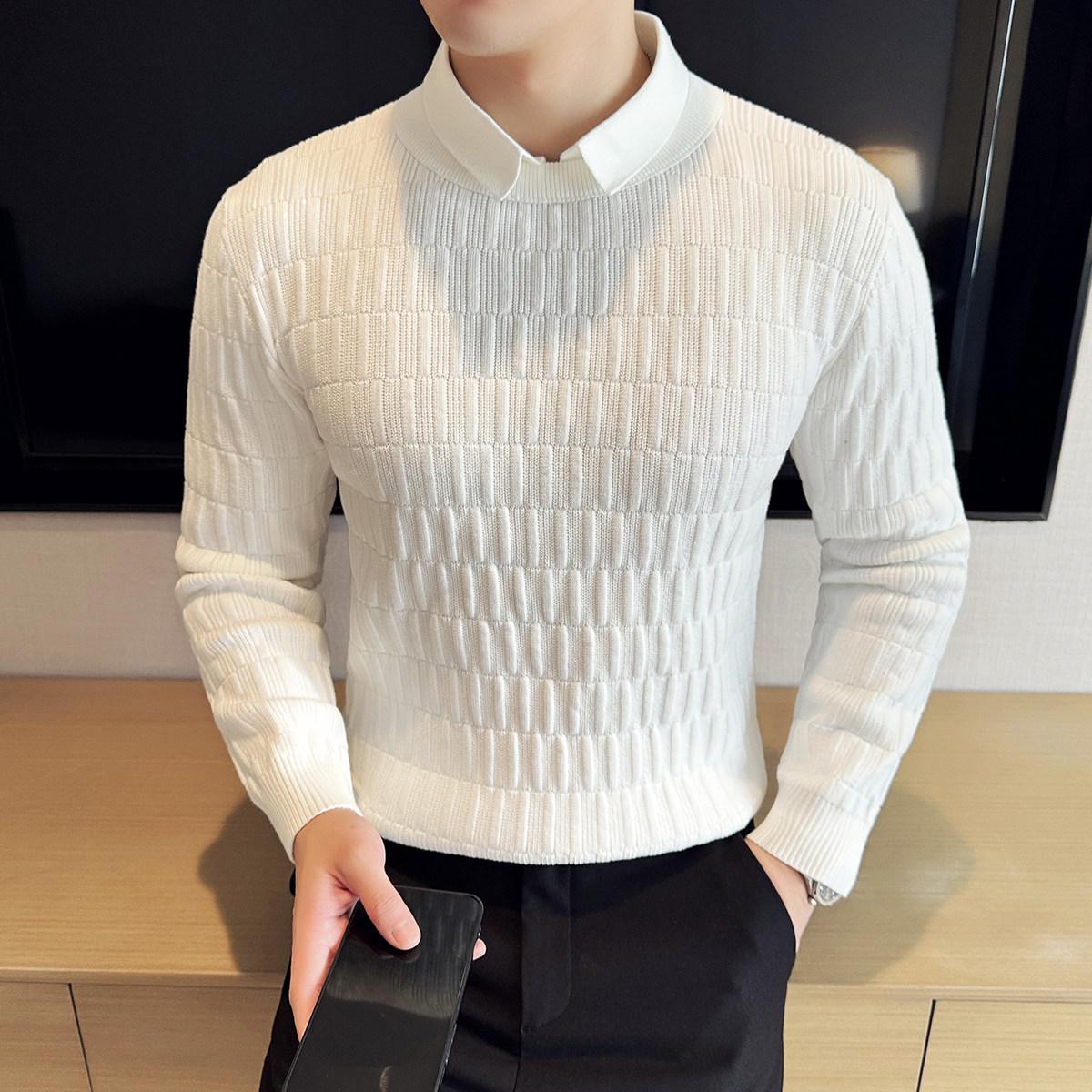 

Men s Slim Fit Knit Sweater with Fake Two-Piece Collar - Long Sleeve, Autumn/Winter Business Casual Versatile Base Layer XL